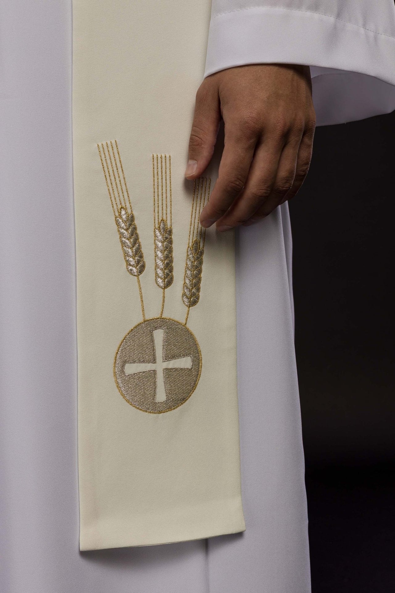 Stuła Liturgiczna Ecru z Haftem Kielicha, Kłosów i Winogron - alba.pl
