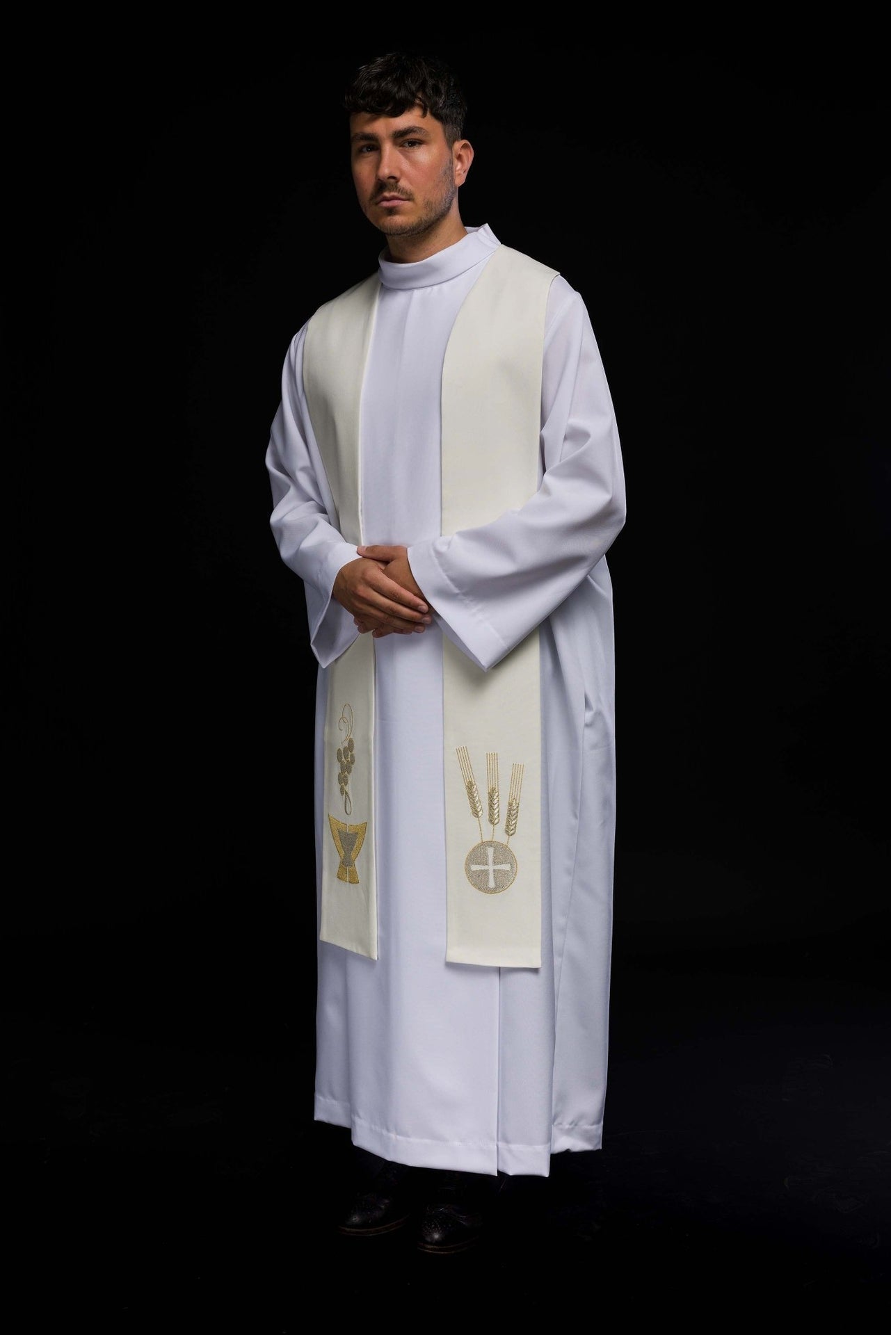 Stuła Liturgiczna Ecru z Haftem Kielicha, Kłosów i Winogron - alba.pl