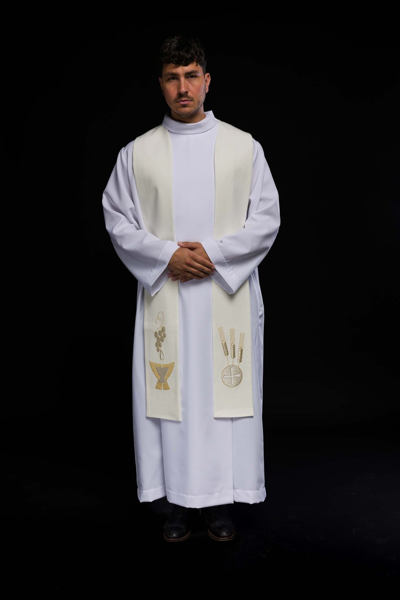 Stuła Liturgiczna Ecru z Haftem Kielicha, Kłosów i Winogron - alba.pl