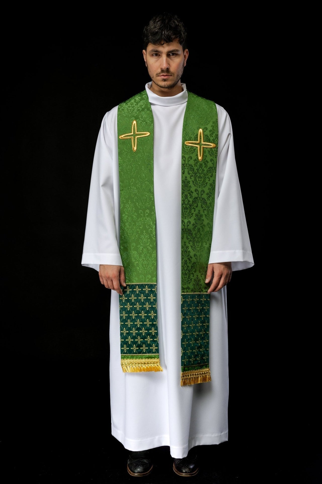 Stuła Liturgiczna Zielona z Haftem Krzyży Żakardowa - alba.pl