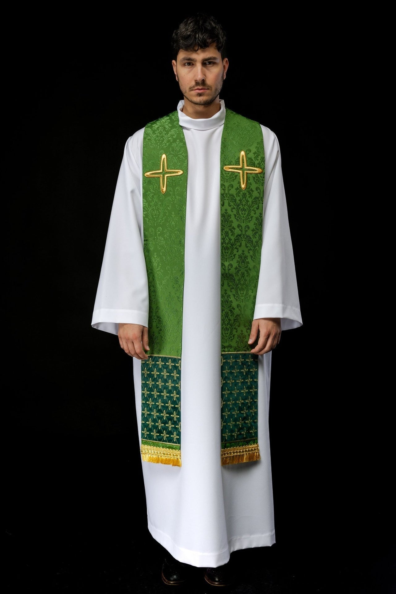 Stuła Liturgiczna Zielona z Haftem Krzyży Żakardowa - alba.pl