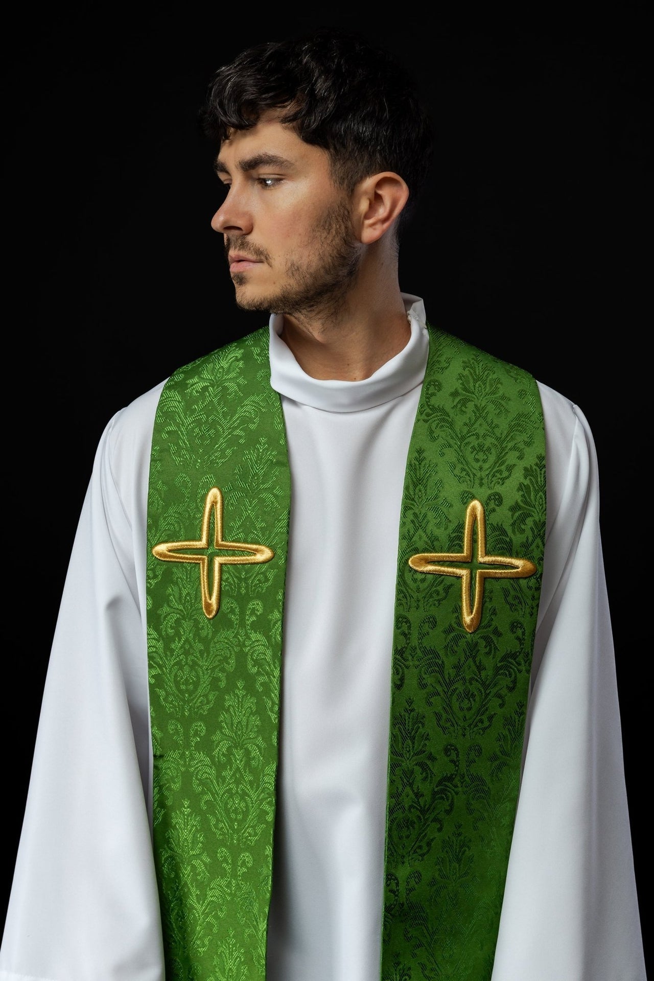 Stuła Liturgiczna Zielona z Haftem Krzyży Żakardowa - alba.pl