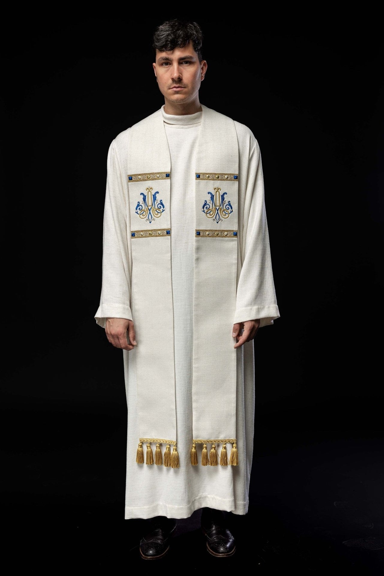 Stuła Maryjna Haftowana Ecru Złoto-Niebieska Liturgiczna - alba.pl